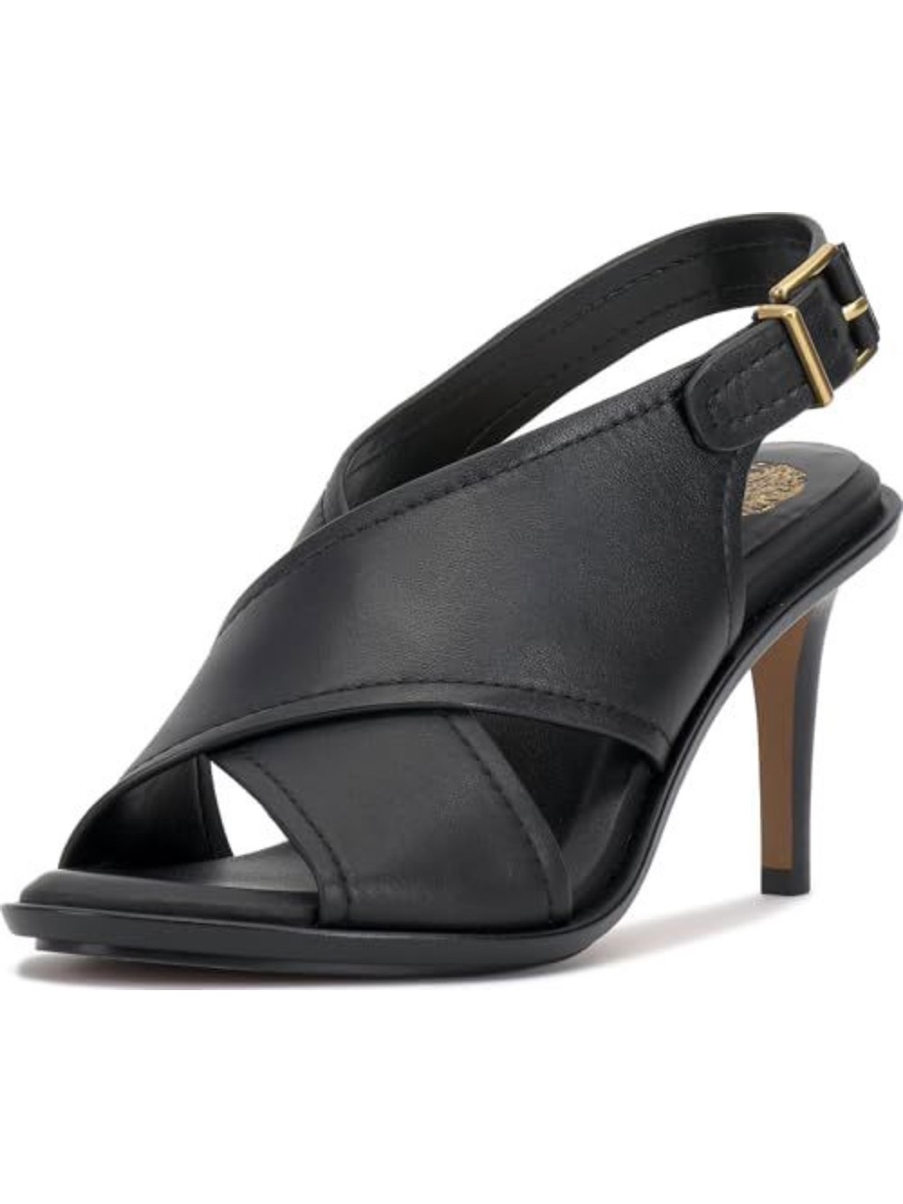 Vince Camuto 11 Famla Black Leather Crisscross Slingback Heel with Gold Buckle